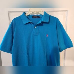 Polo Ralph Lauren Polo Shirt Men's Size Large Short Sleeve Blue with Pink Pony